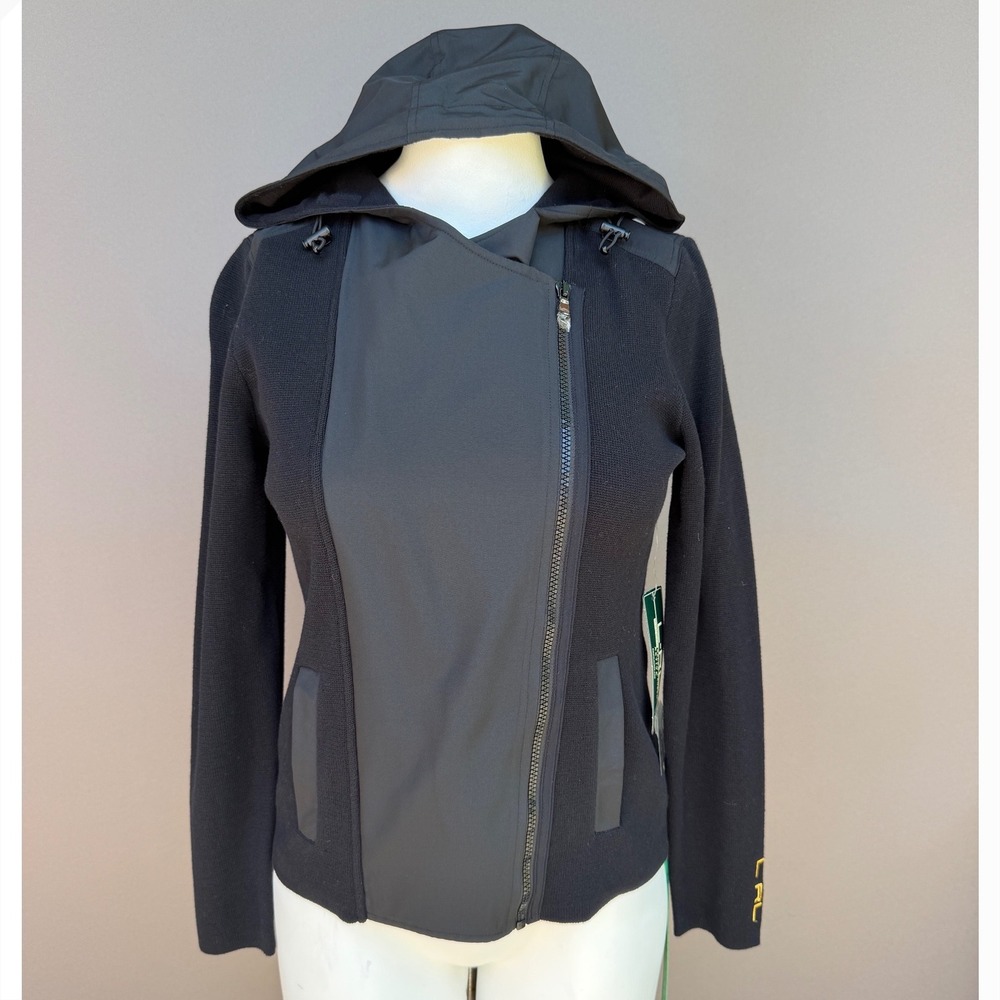 Lauren Ralph Lauren Active Jacket S Black Hooded Asymmetric Zip Mixed Media NWT